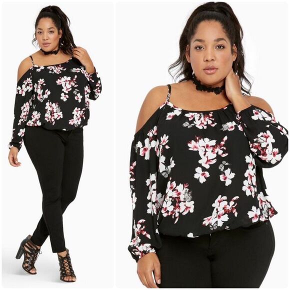 Torrid Black Pink Floral Print Georgette Cold Shoulder Top Plus Size 4 4X 26 - Picture 1 of 7